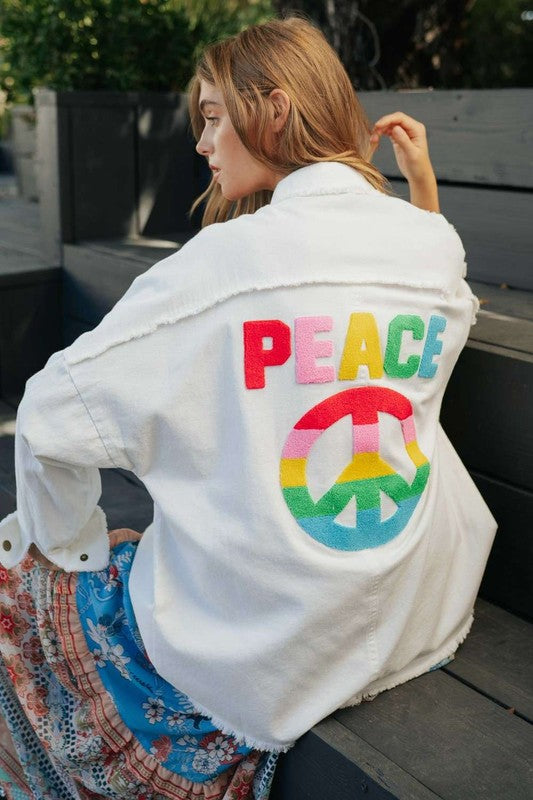 MULTI COLOR LETTERING PEACE SYMBOL BUTTON UP SHIRT