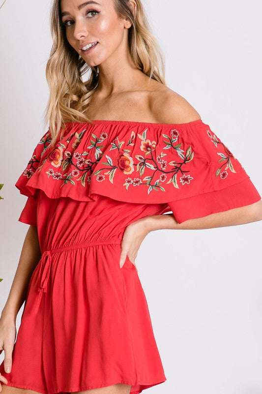 FLORAL EMBROIDERED OFF SHOULDER ROMPER