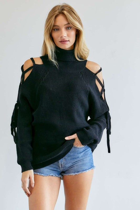 SOLID TURTLE NECK CUTOUT LONG SLEEVE SWEATER