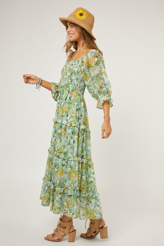 FLORAL CHIFFON MIDI DRESS