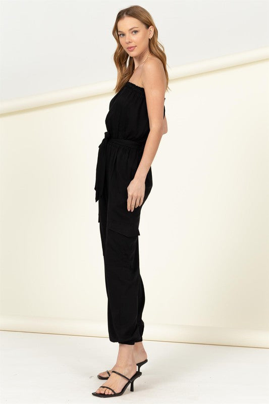 FLAP POCKET SIDE BELTED TUBE JUMPSUIT