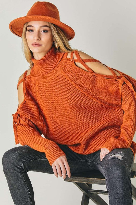 SOLID TURTLE NECK CUTOUT LONG SLEEVE SWEATER