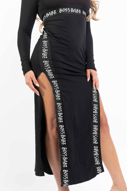 Boss Babe Lettering Slit Thigh Maxi Dress