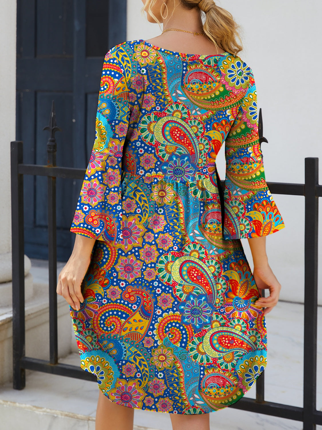 FAM-FAM Paisley Print Round Neck Three-Quarter Sleeve Dress