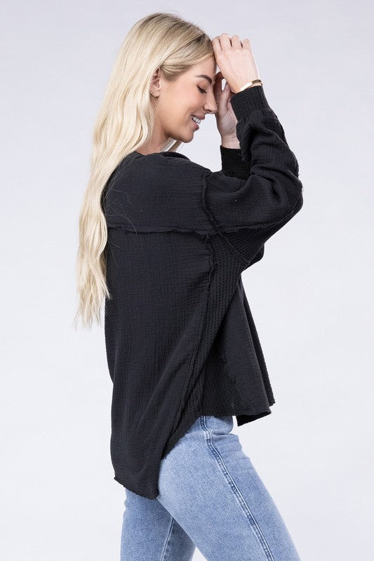 Double Gauze Oversized 3/4 Button Henley Neck Top