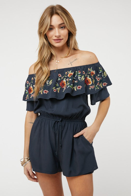 FLORAL EMBROIDERED OFF SHOULDER ROMPER