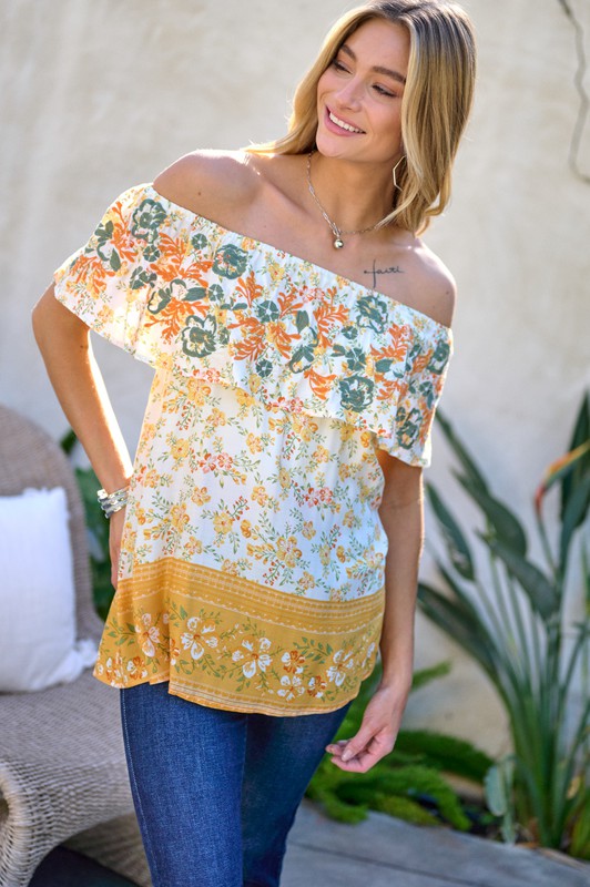 PRINTED OFF SHOULDER SMOCKED TOP