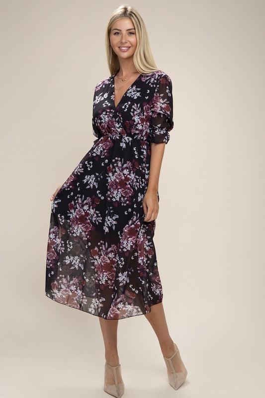 Floral Print  V Neck Midi Dress