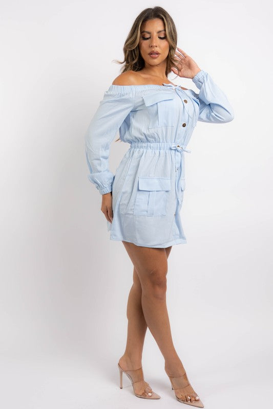 Off Shoulder Cargo Mini Dress