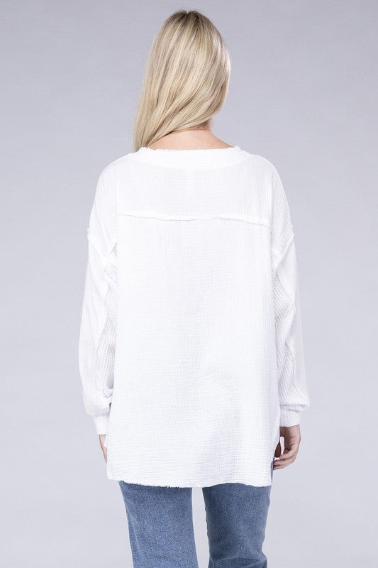 Double Gauze Oversized 3/4 Button Henley Neck Top