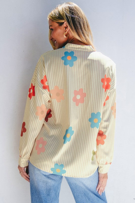 Flower Print Collared Button-up Loose Fit Blouse