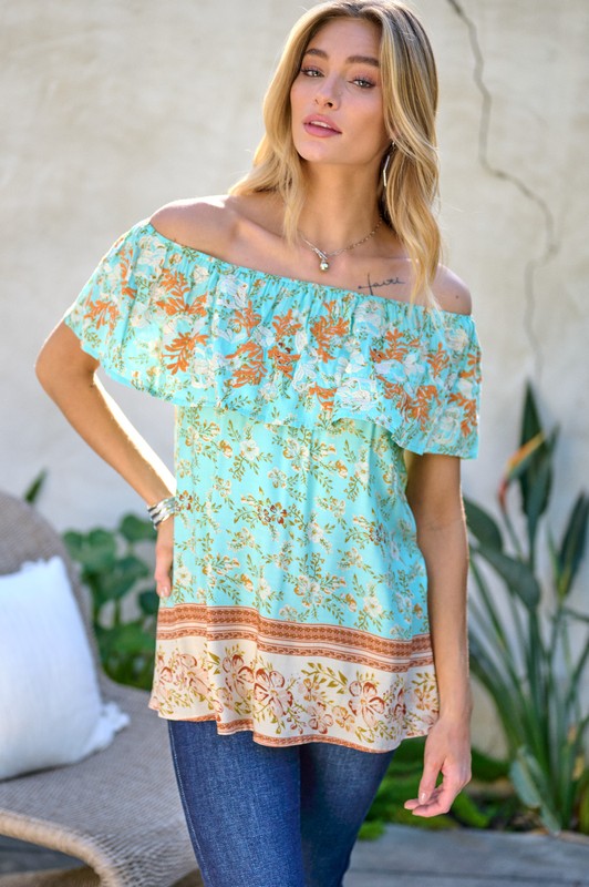 PRINTED OFF SHOULDER SMOCKED TOP