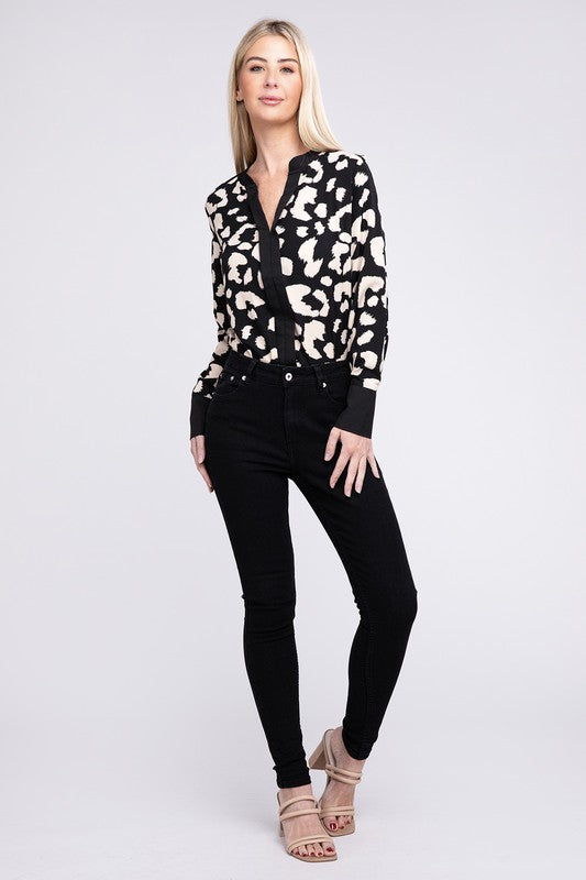 Leopard Notched Neck Blouse