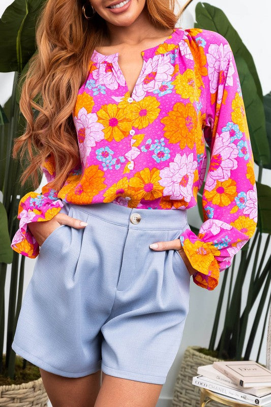 Floral Print Flounce Sleeve Notched Neck Blouse