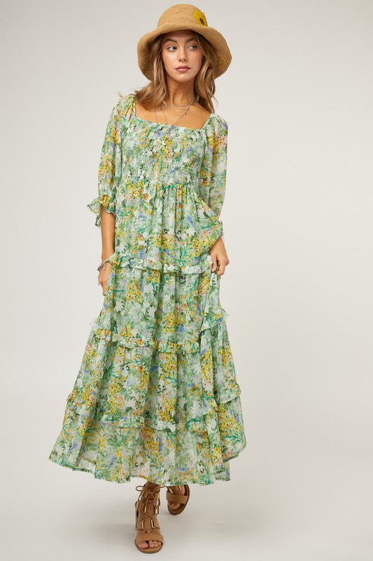 FLORAL CHIFFON MIDI DRESS