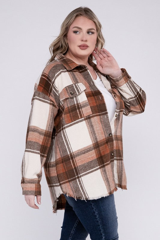 Plus Size Yarn Dyed Plaid Shirt Jacket