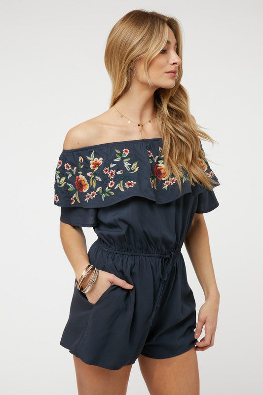 FLORAL EMBROIDERED OFF SHOULDER ROMPER