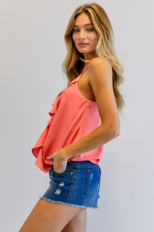 SOLID V NECK SLEEVELESS RUFFLE TOP