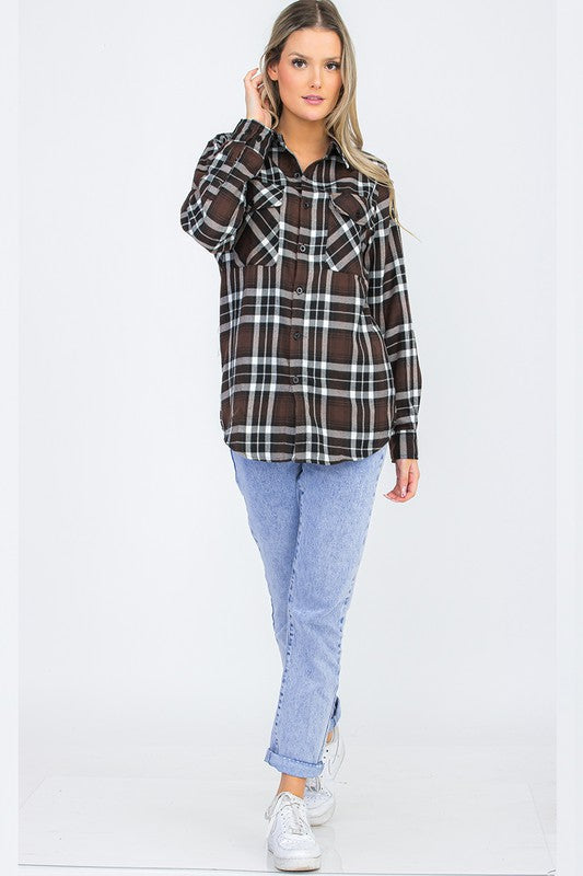 Women's Boyfriend Fit Checker Plaid Flannel Long Sleeve