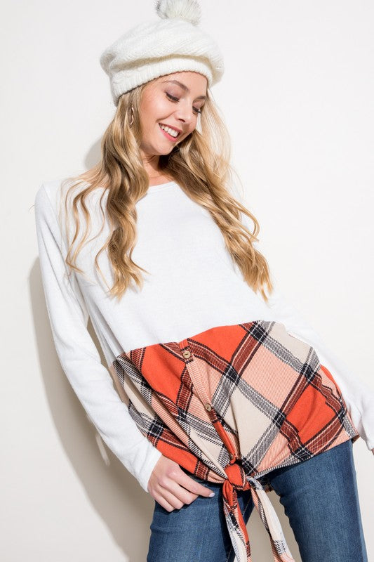 PLAID MIXED BUTTON FRONT TOP