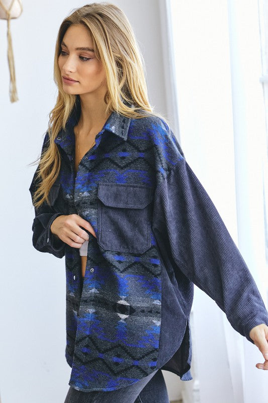 PLUS PRINTED BUTTON DOWN LONG SLEEVE JACKET