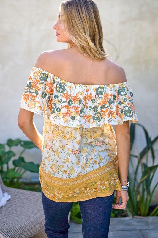 PRINTED OFF SHOULDER SMOCKED TOP