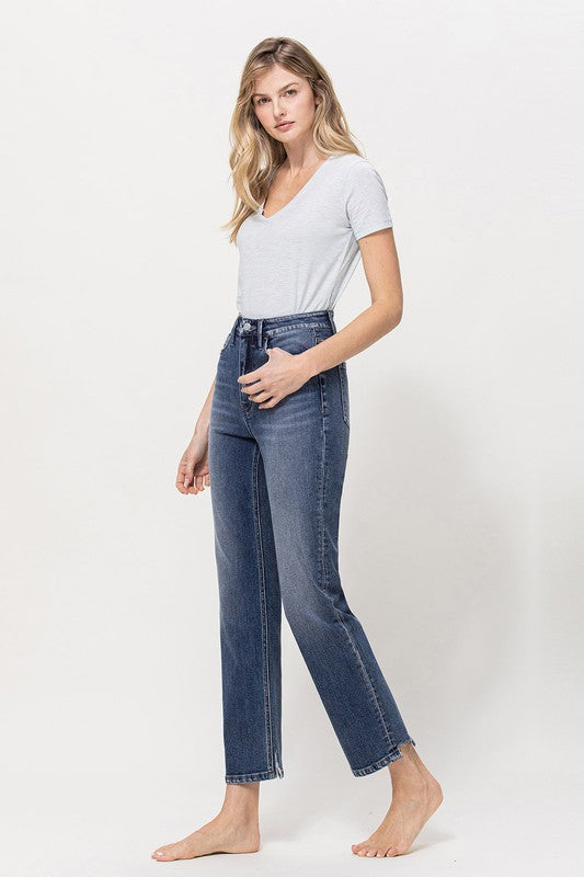 Distressed High Rise Stretch Ankle Straight Denim Pants