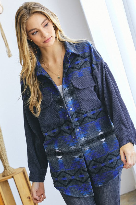 PLUS PRINTED BUTTON DOWN LONG SLEEVE JACKET