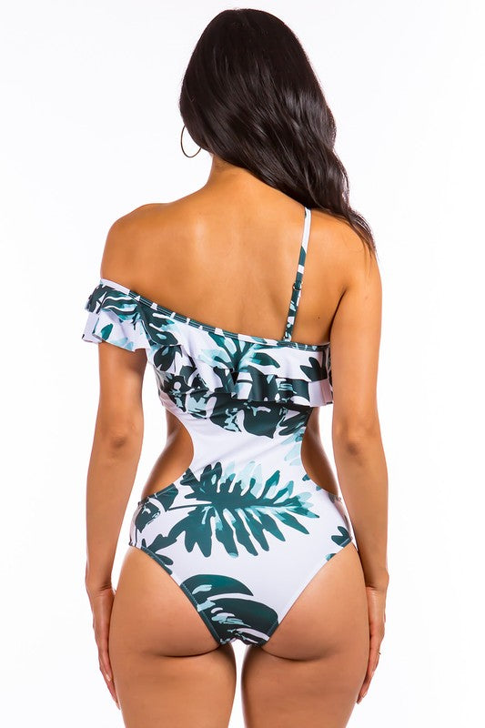 OPEN SIDED ONE PIECE BATHING SUIT WITH RUFFLED SHO