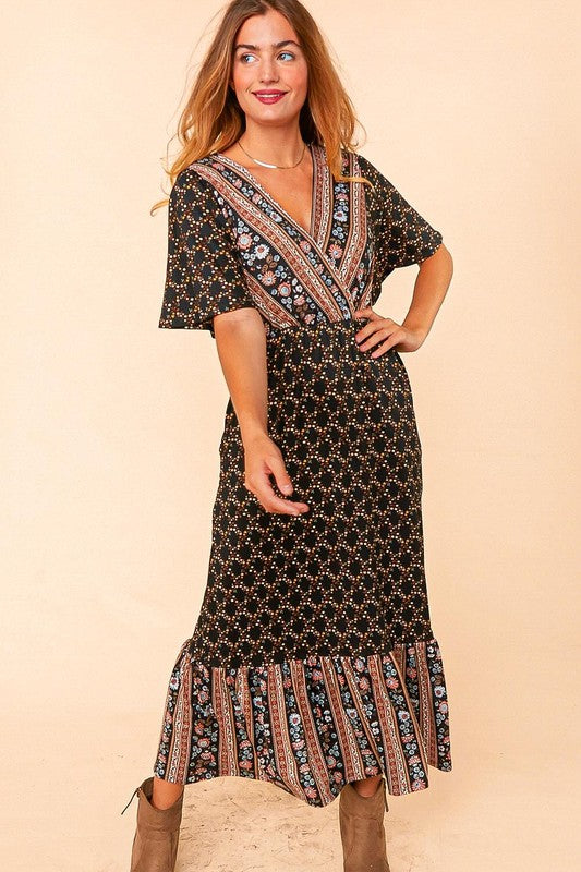 ETHNIC FLORAL BORDER SURPLICE MAXI DRESS