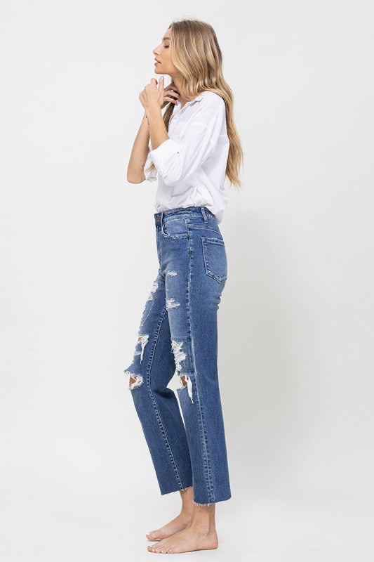 Distressed High Rise Ankle Relaxed Straight Rip Denim Pants