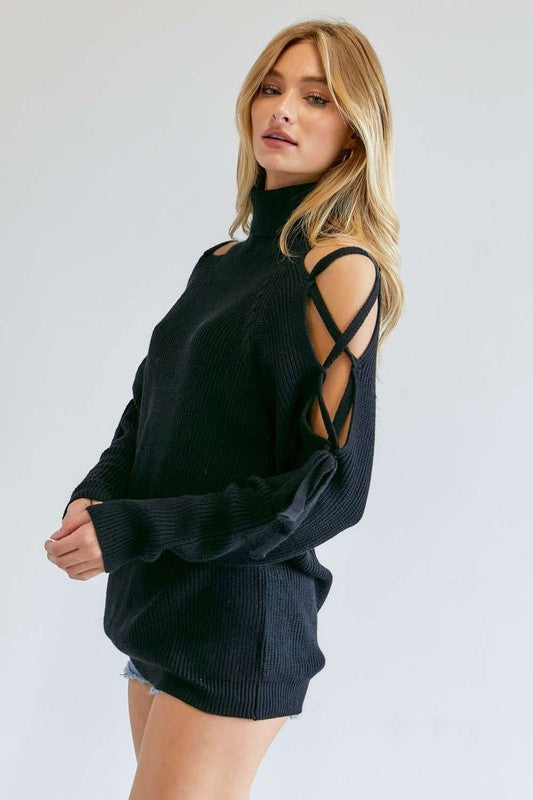 SOLID TURTLE NECK CUTOUT LONG SLEEVE SWEATER