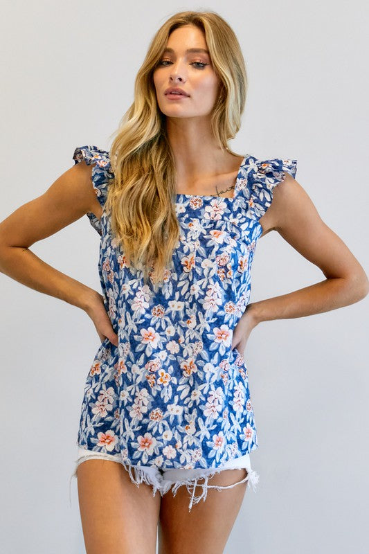 FLORAL PRINTED RUFFLE SLEEVELESS TOP