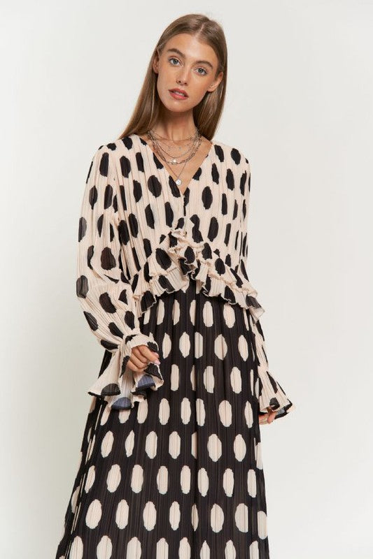 Polka Dot Ruffled Long Sleeve Pleated Maxi Dress