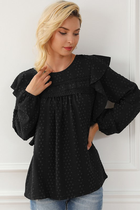 Women Eyelet Ruffle Shoulder Long Sleeve Blouse