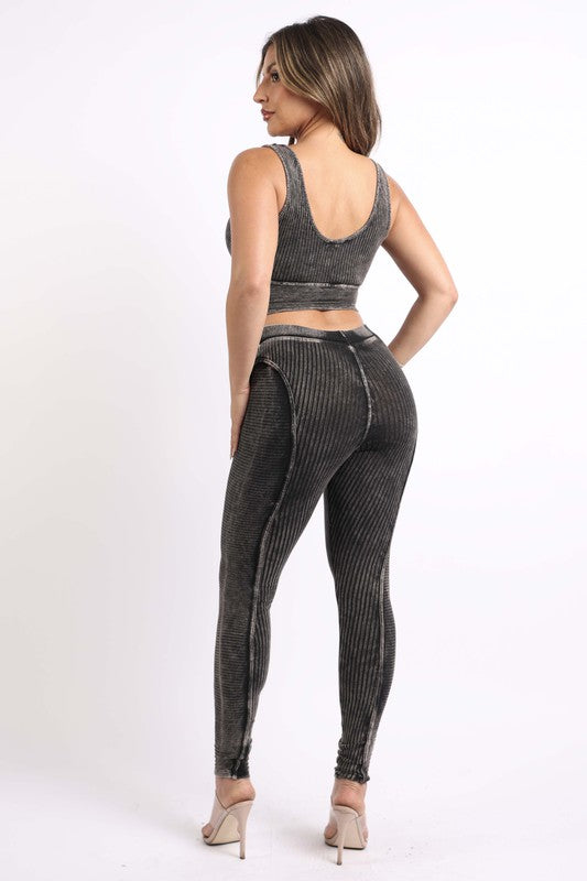 Mineral Washed Crop Top And Leggings Set