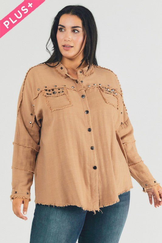 PLUS Distressed hem button down oversize shirt