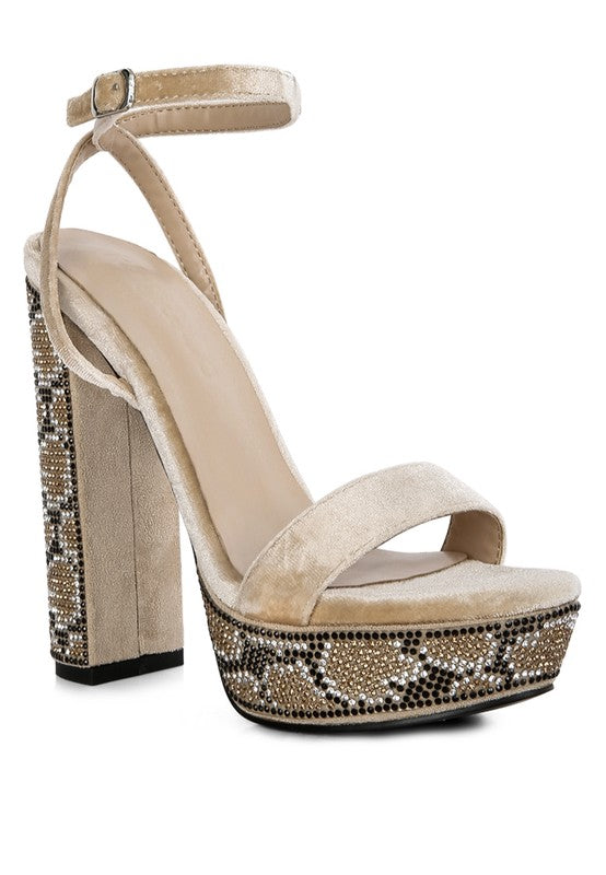 ZIRCON Diamante Studded High Block Heel Sandals