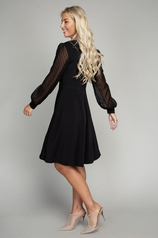 Swiss Dot Puff Sleeve V Neck Dress