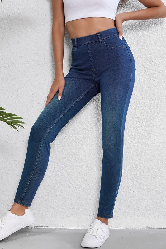 Blue Straight Leg Washed Stretchy Casual Jeans