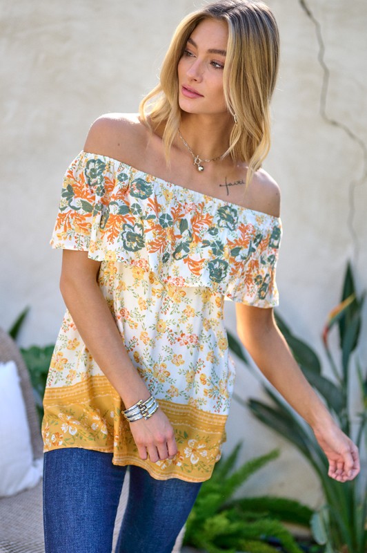 PRINTED OFF SHOULDER SMOCKED TOP