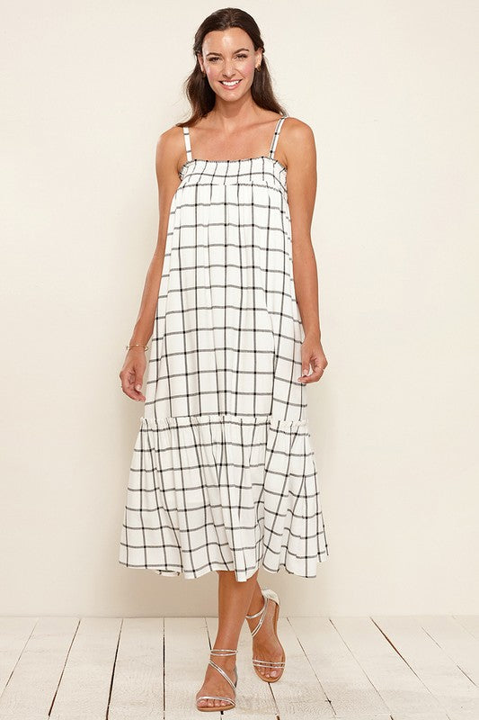 GRID PRINT SMOCKED MAXI DRESS IN XS XL