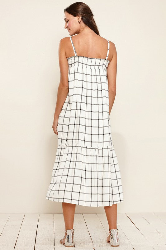 GRID PRINT SMOCKED MAXI DRESS IN XS XL