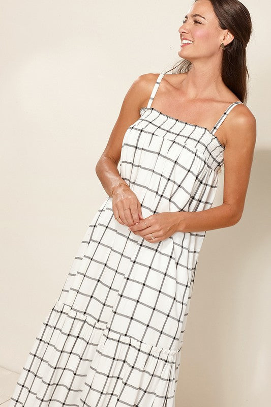 GRID PRINT SMOCKED MAXI DRESS IN XS XL