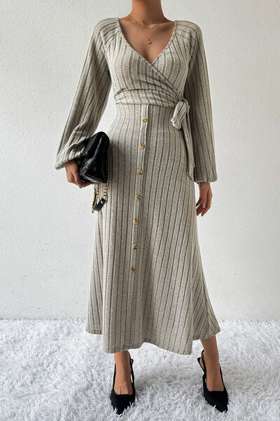 Surplice Tied Balloon Sleeve Midi Dress