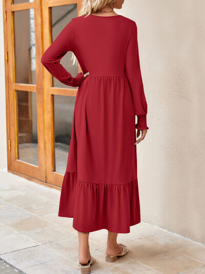 Round Neck Lantern Sleeve Ruffle Hem Dress