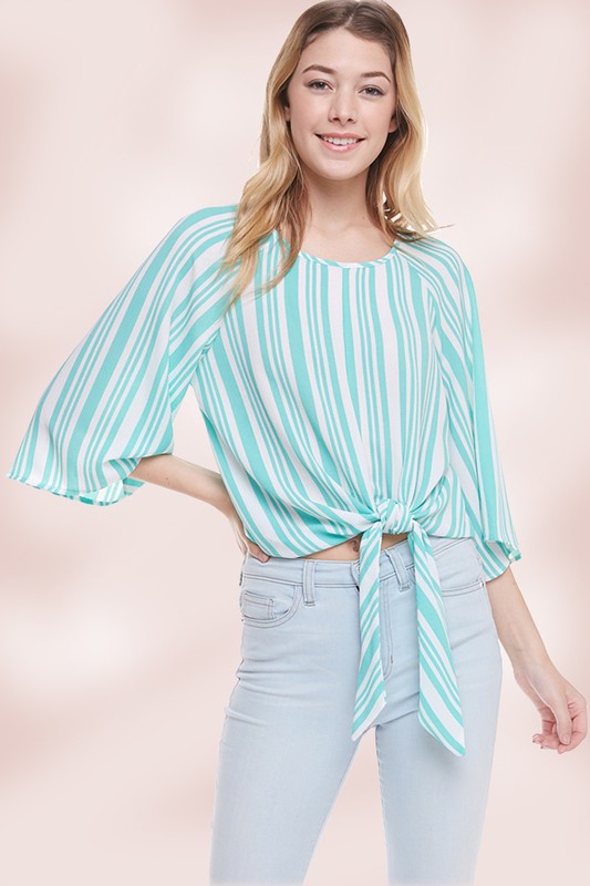 Stripe Tie Front Top Long Sleeve Blouse top