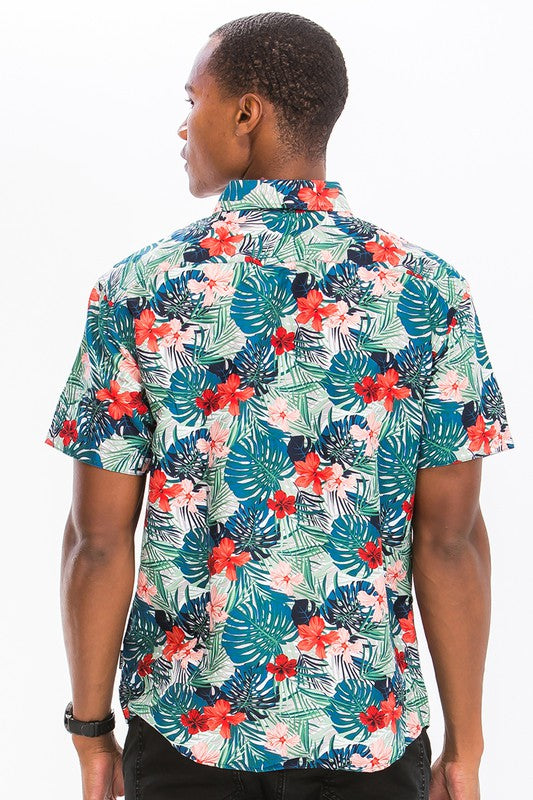 Weiv Mens Print Hawaiian Button Down Shirt