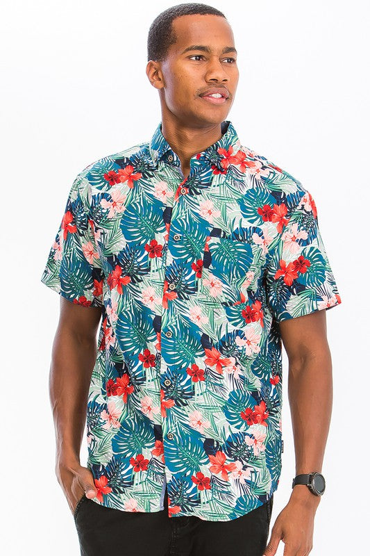 Weiv Mens Print Hawaiian Button Down Shirt