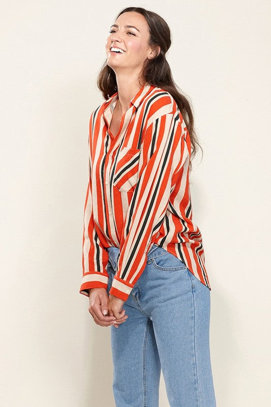 STRIPE LINEN BUTTON DOWN SHIRT IN XS XL